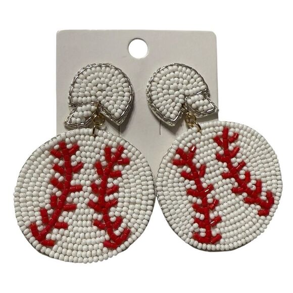 Baseball Earrings Sports Mom Seed Beads White Red - Picture 1 of 2